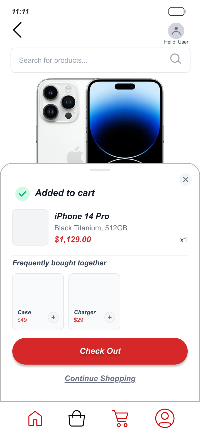 SnapBuy added-to-cart sheet with a filled Check Out button, a quiet Continue Shopping link, and two cross-sell items