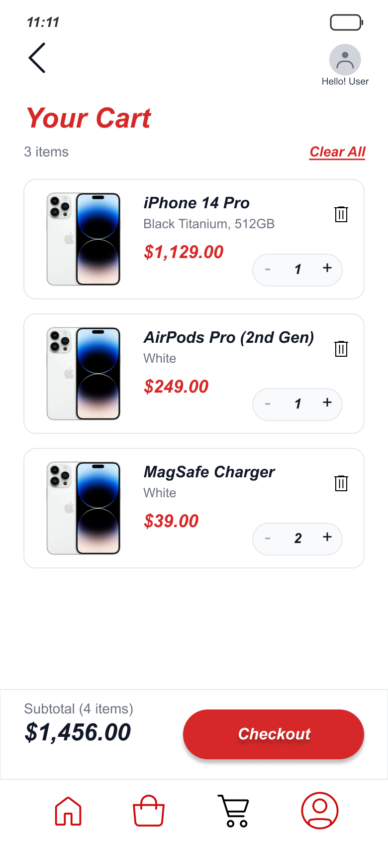 SnapBuy cart screen using type weight instead of dividers to separate items, quantity, and subtotal