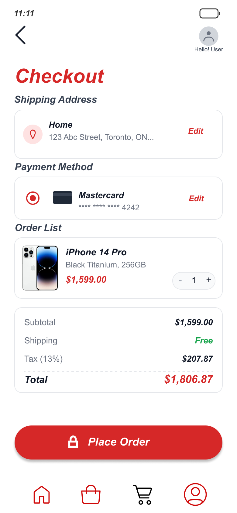 SnapBuy checkout screen using a clear type scale to organize address, payment, and order total
