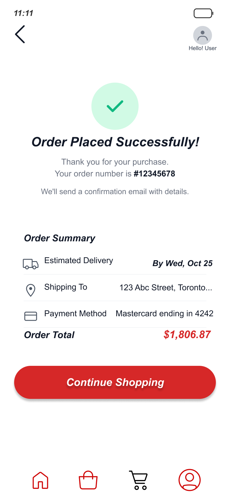 SnapBuy order confirmation screen carrying the order summary through type alone