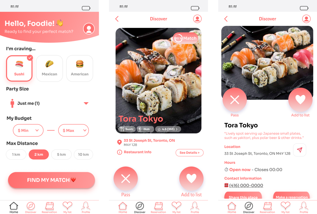 Foodie Match discovery flow screens