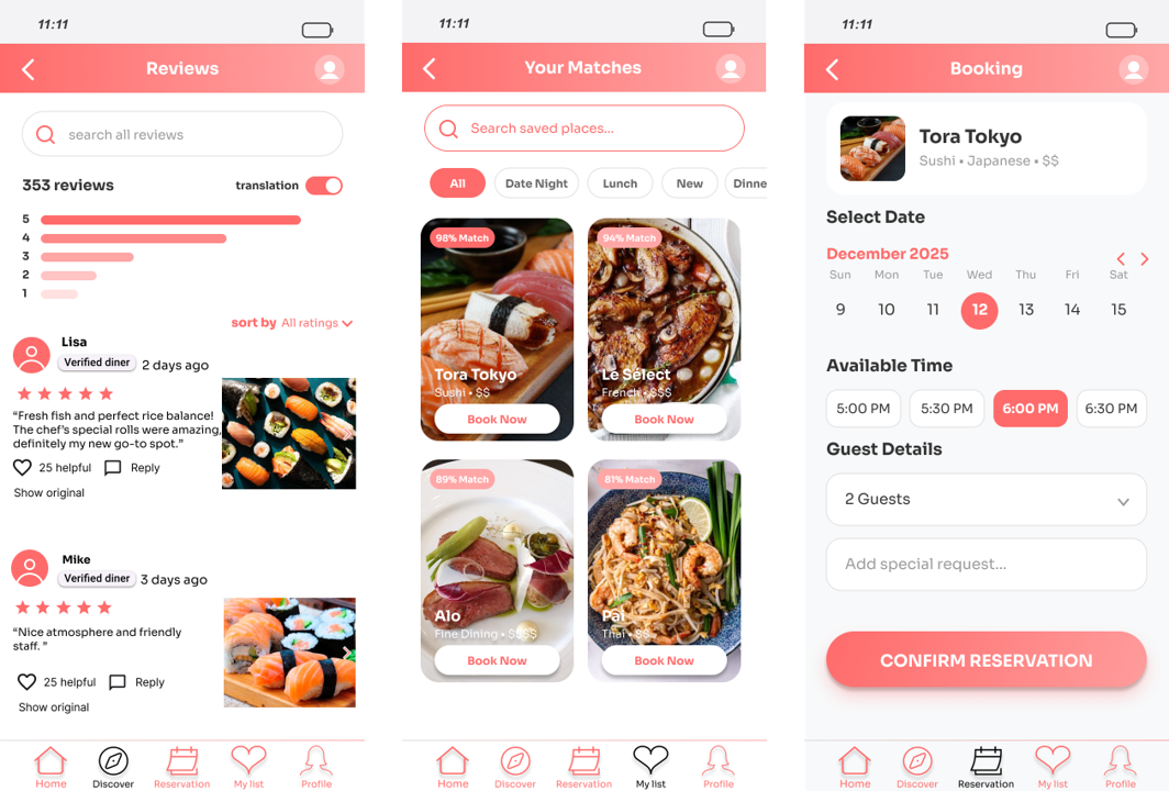 Foodie Match reviews and matches screens