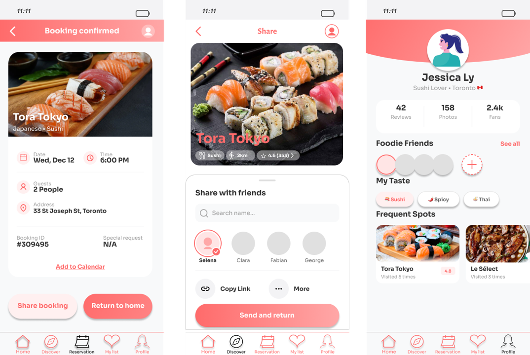 Foodie Match booking and sharing screens