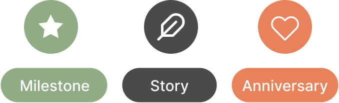 Pin legend, Anniversary, Milestone, and Story