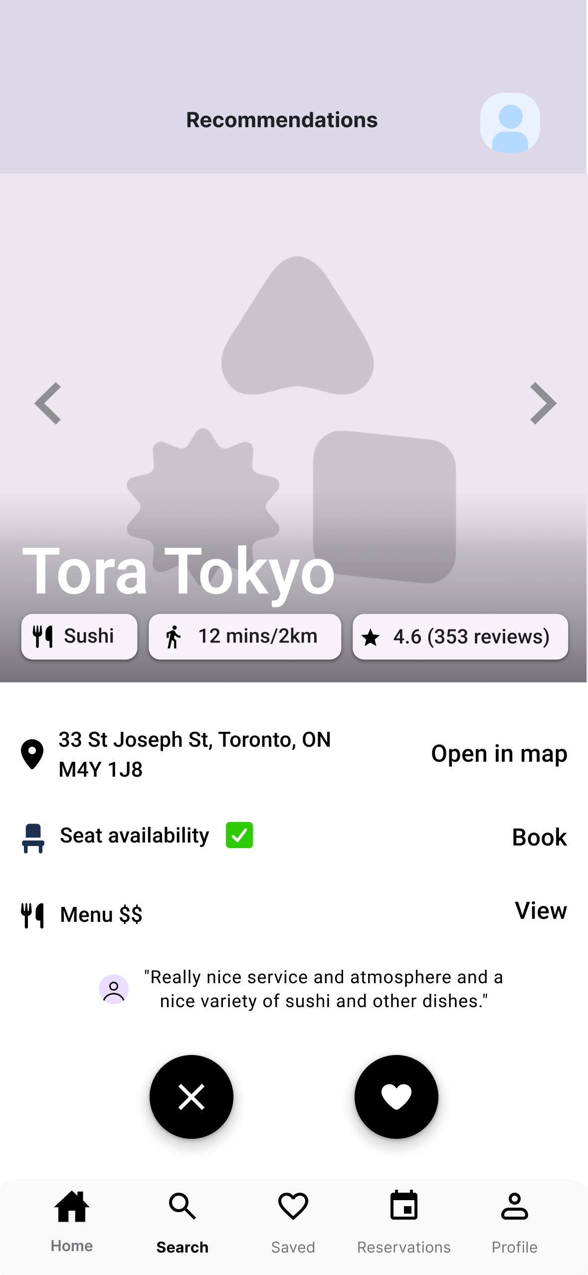 Mid-fidelity wireframe of the restaurant detail page
