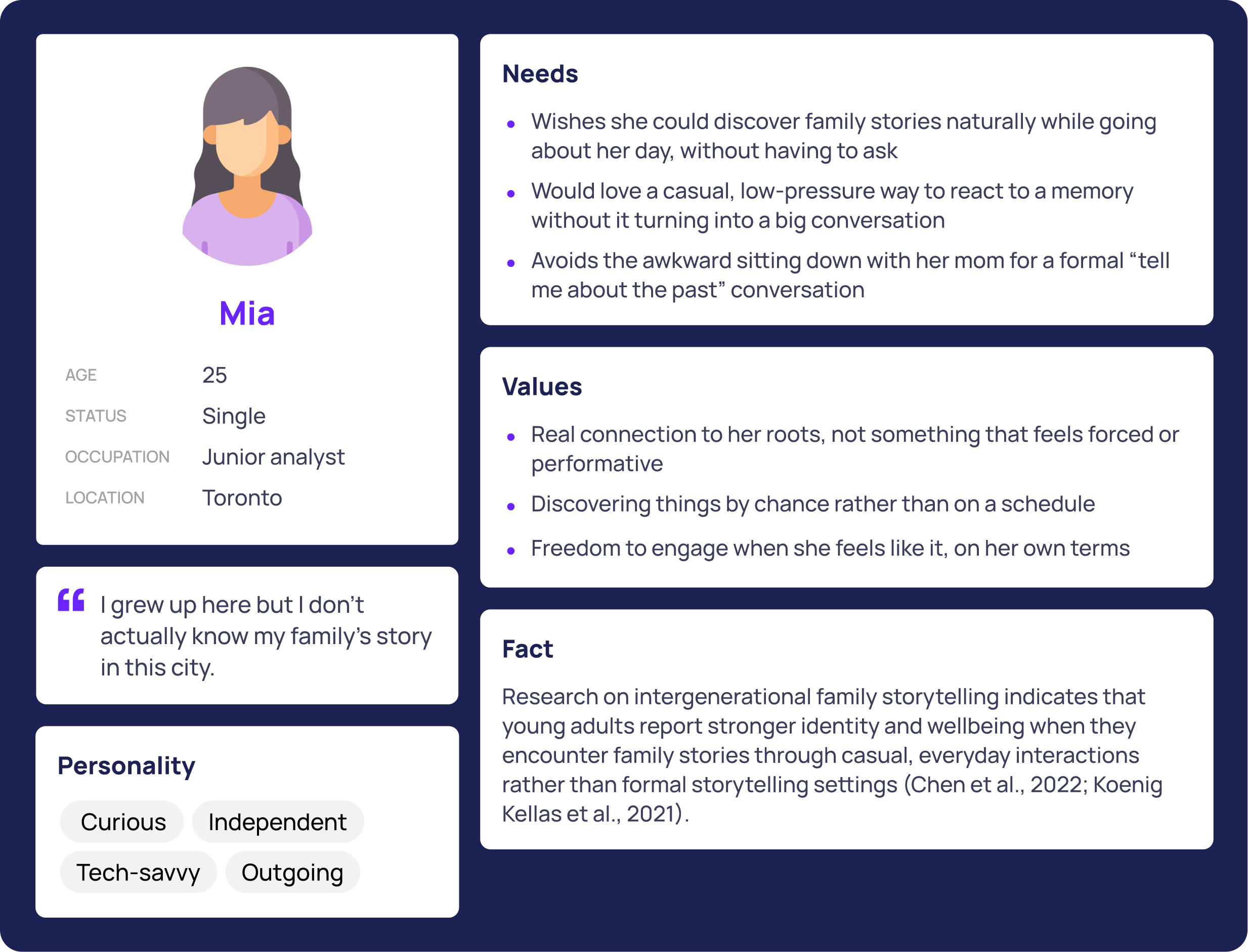 Mia persona card, 25, junior analyst, the Explorer