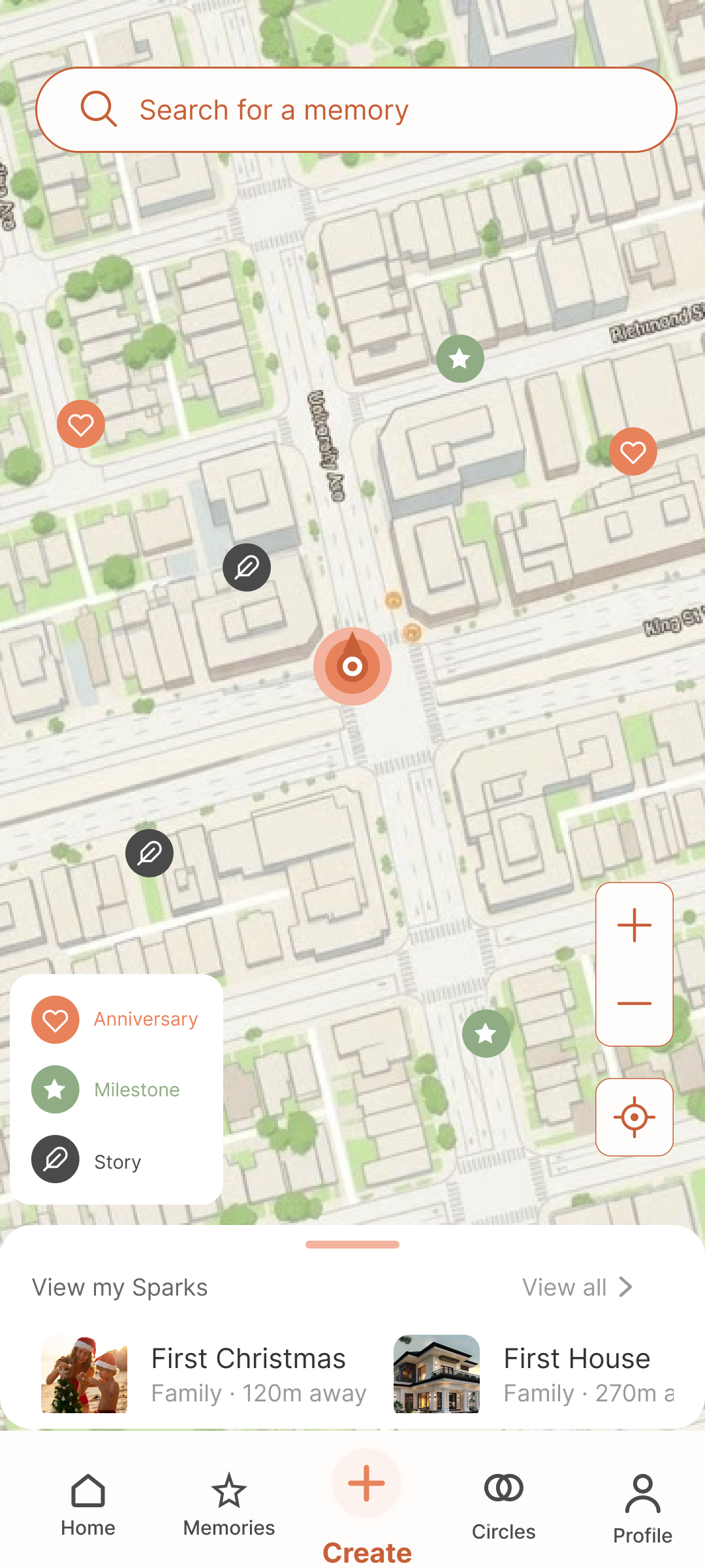 Map pin hover preview card showing Anniversary, First Christmas, Family, 120m away