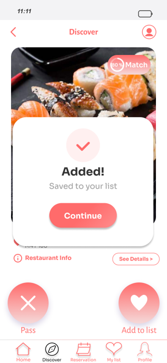 Added confirmation modal showing restaurant saved to list