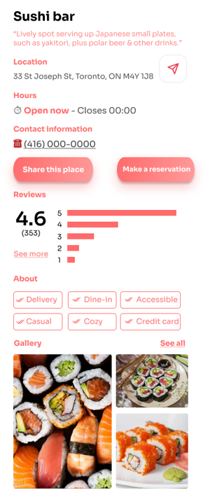 Restaurant detail page with hours, location, ratings and gallery