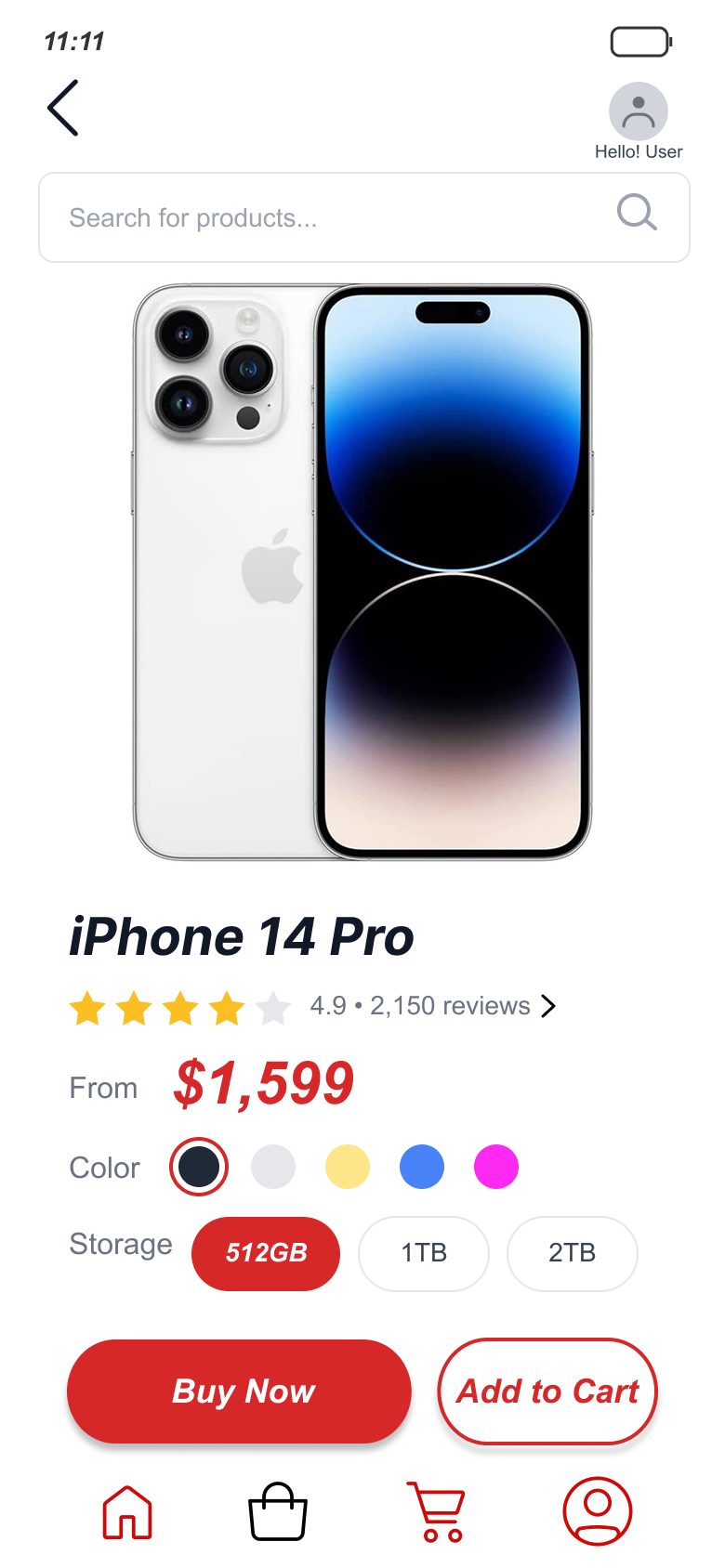 SnapBuy product detail screen with a solid Buy Now button outranking an outlined Add to Cart button