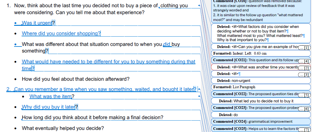 Tracked changes on the screener and interview guide showing the before-and-after revisions