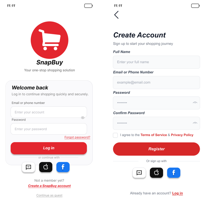 SnapBuy login and registration screens