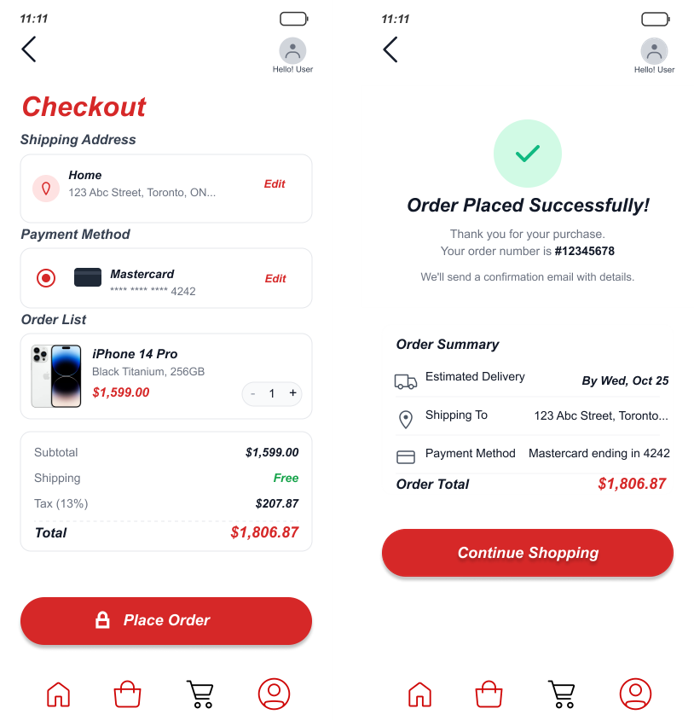 SnapBuy checkout and order confirmation screens