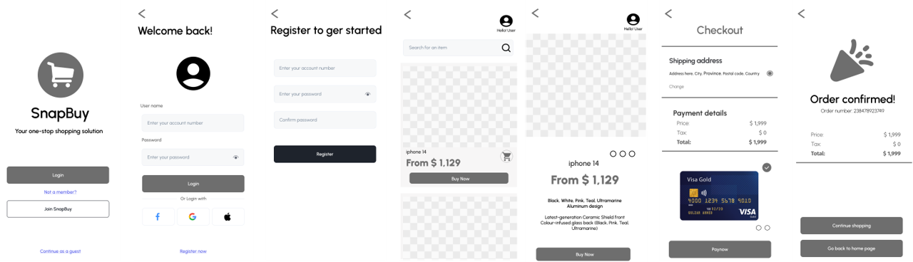 Early SnapBuy prototype showing login, product, checkout and confirmation screens