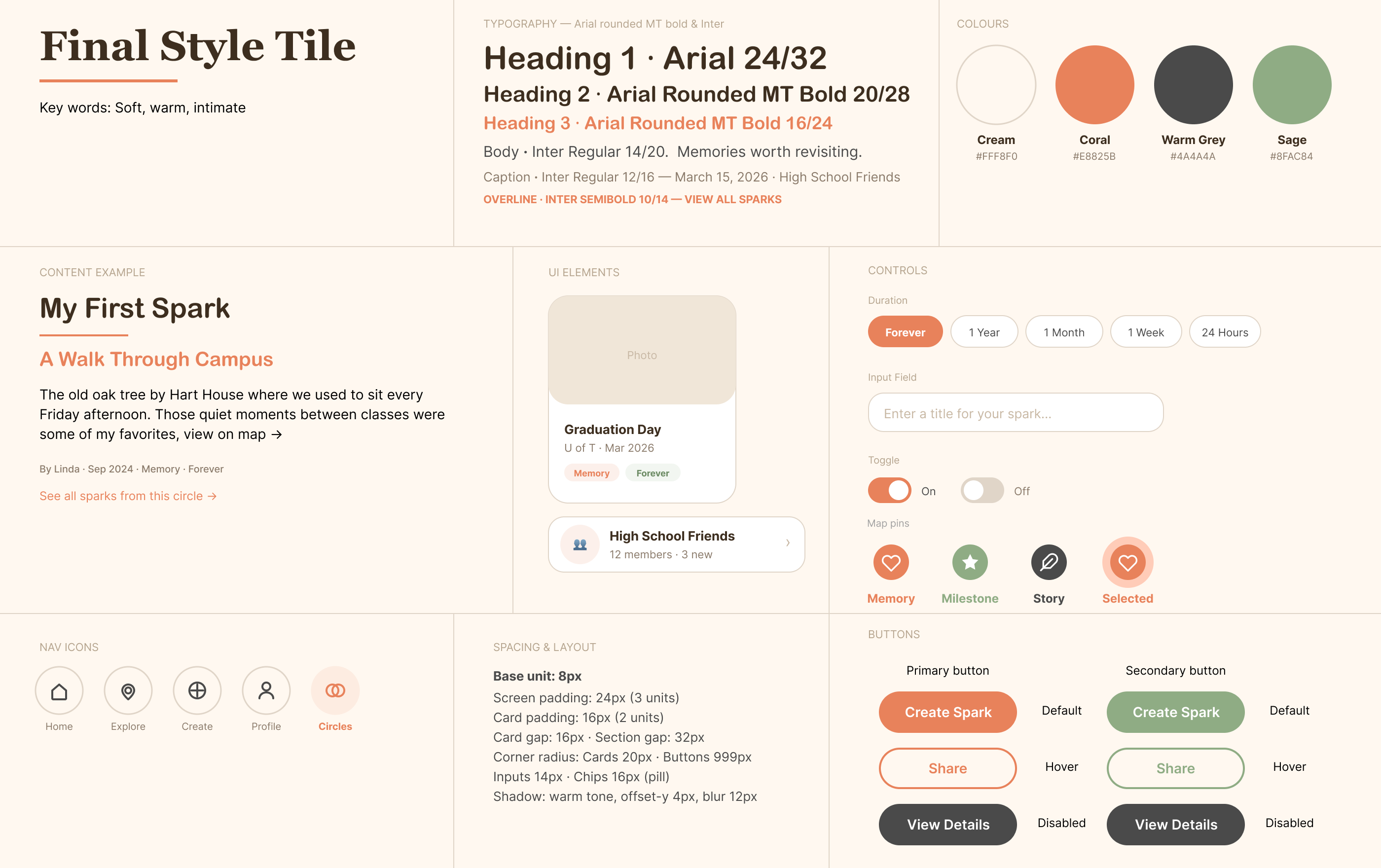 Final style tile, merging A's palette and typography with C's differentiated pin shapes