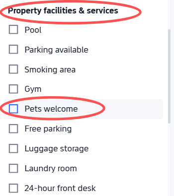 Pet-friendly filter hidden inside a collapsed Property Facilities and Services section