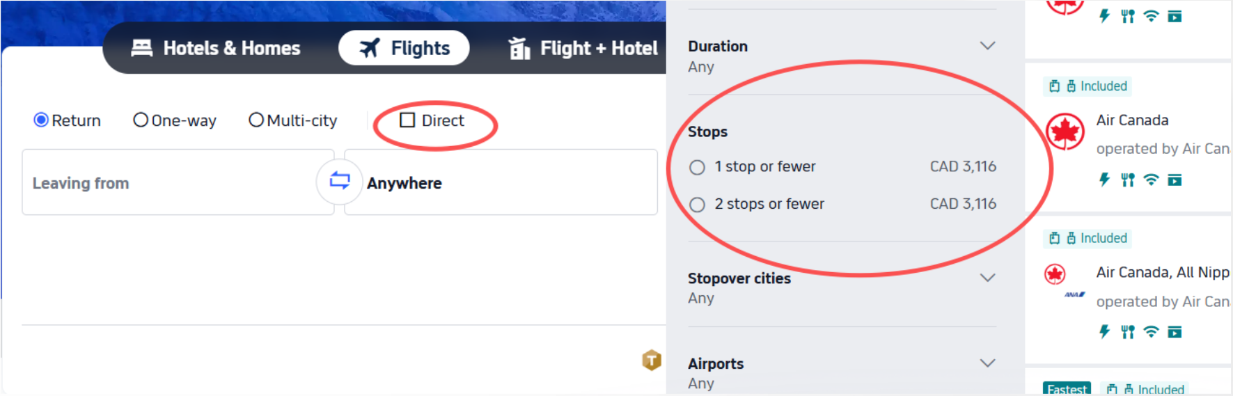 Non-stop toggle separated from the sidebar stops filter, which only offers 1 stop or fewer