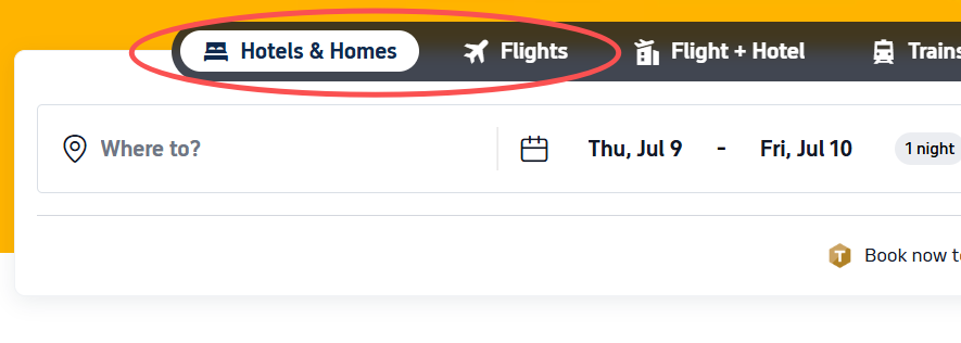 Flights and Hotels booking tabs with low visual contrast between active and inactive states