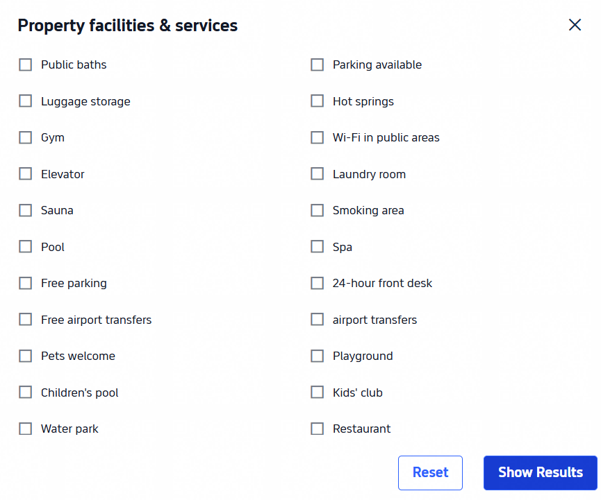 Property Facilities and Services label grouping unrelated filter options